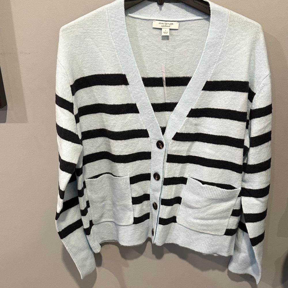 Ann Taylor Black and Light Blue Striped Cardigan